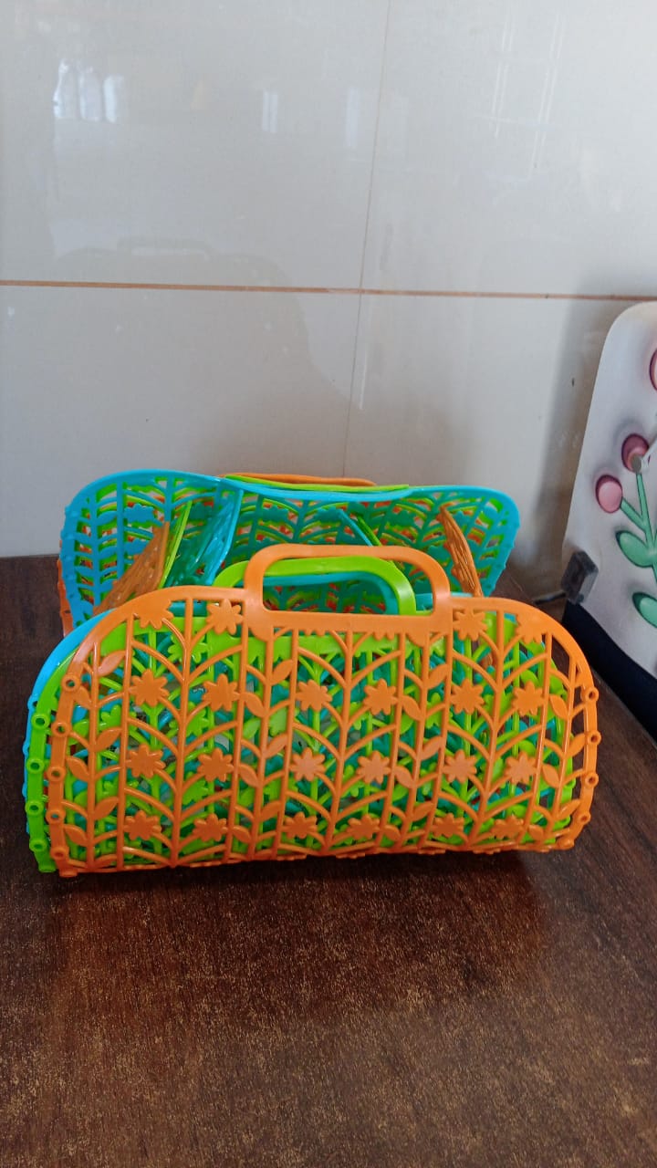 Plastic Foldable Basket Bag || Fruit & Vegetable Storage Basket (3 Pcs Set / Multicolor)