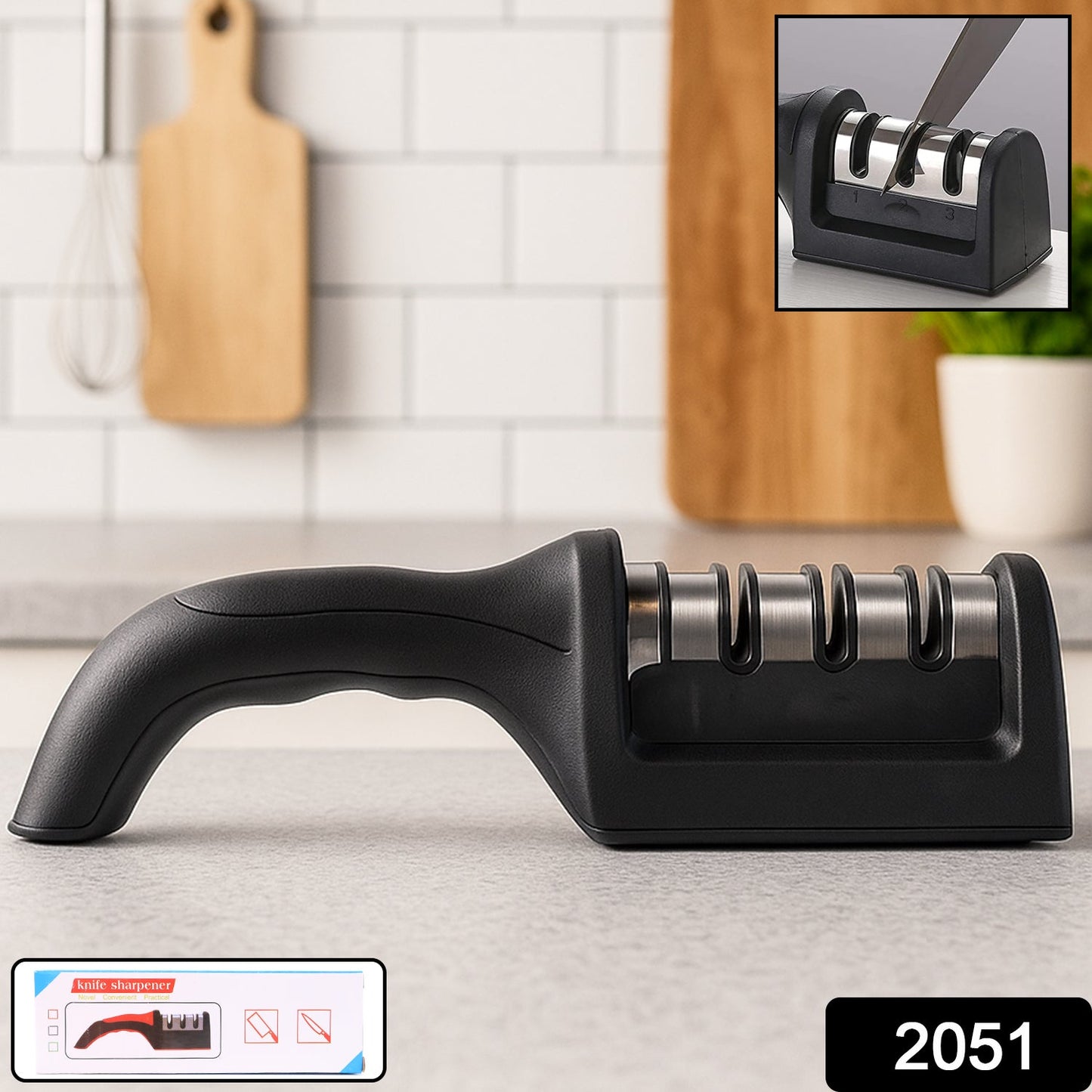 Manual Red & Black Knife Sharpener 3 Stage Sharpening Tool for Ceramic Knife and Steel Knives.