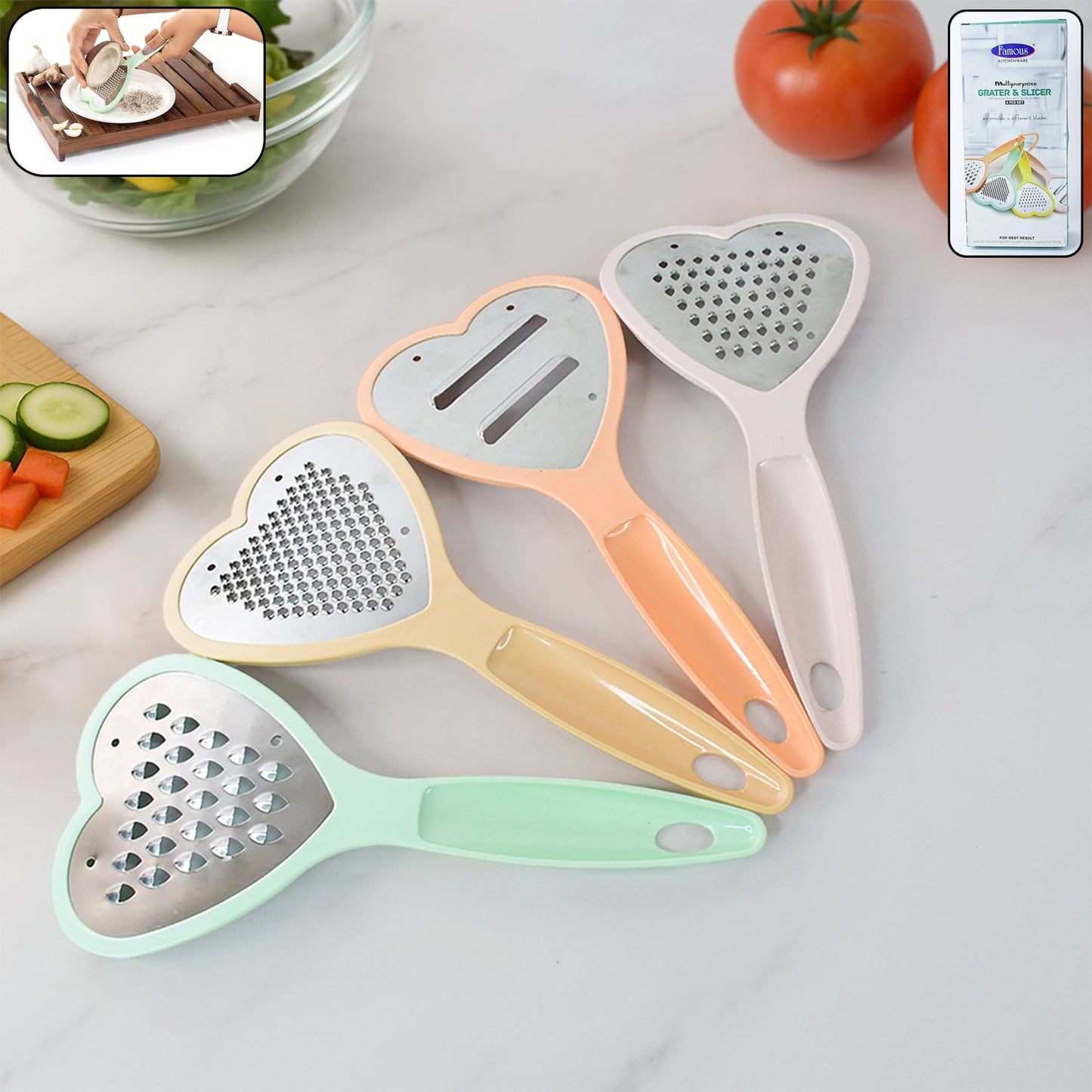 Heart Grater Set and Heart Grater Slicer Used Widely for Grating and Slicing of Fruits, Vegetables, Cheese Etc. Including All Kitchen Purposes.