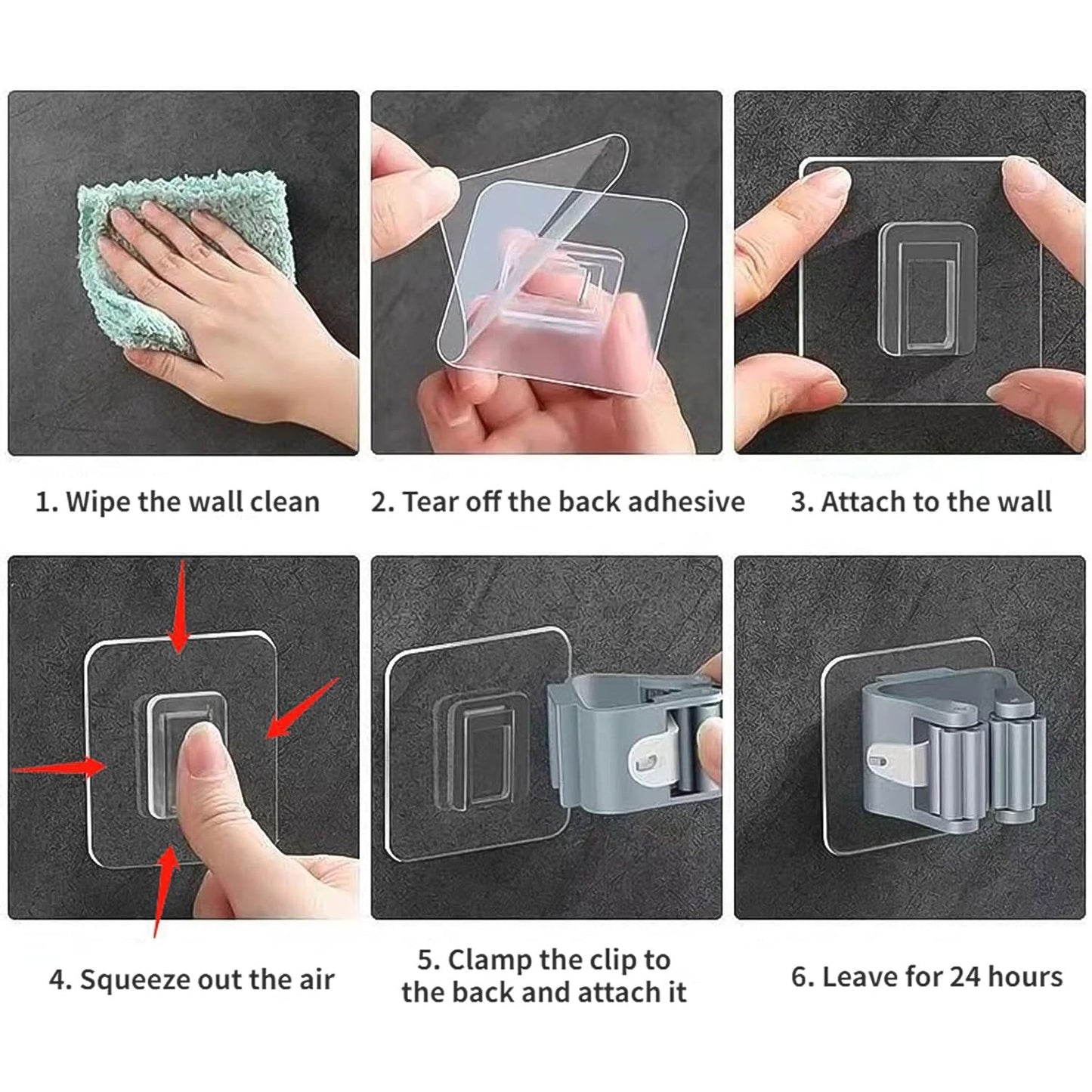 Self-Adhesive Mop and Broom Holder Clips (6 Pc Set)