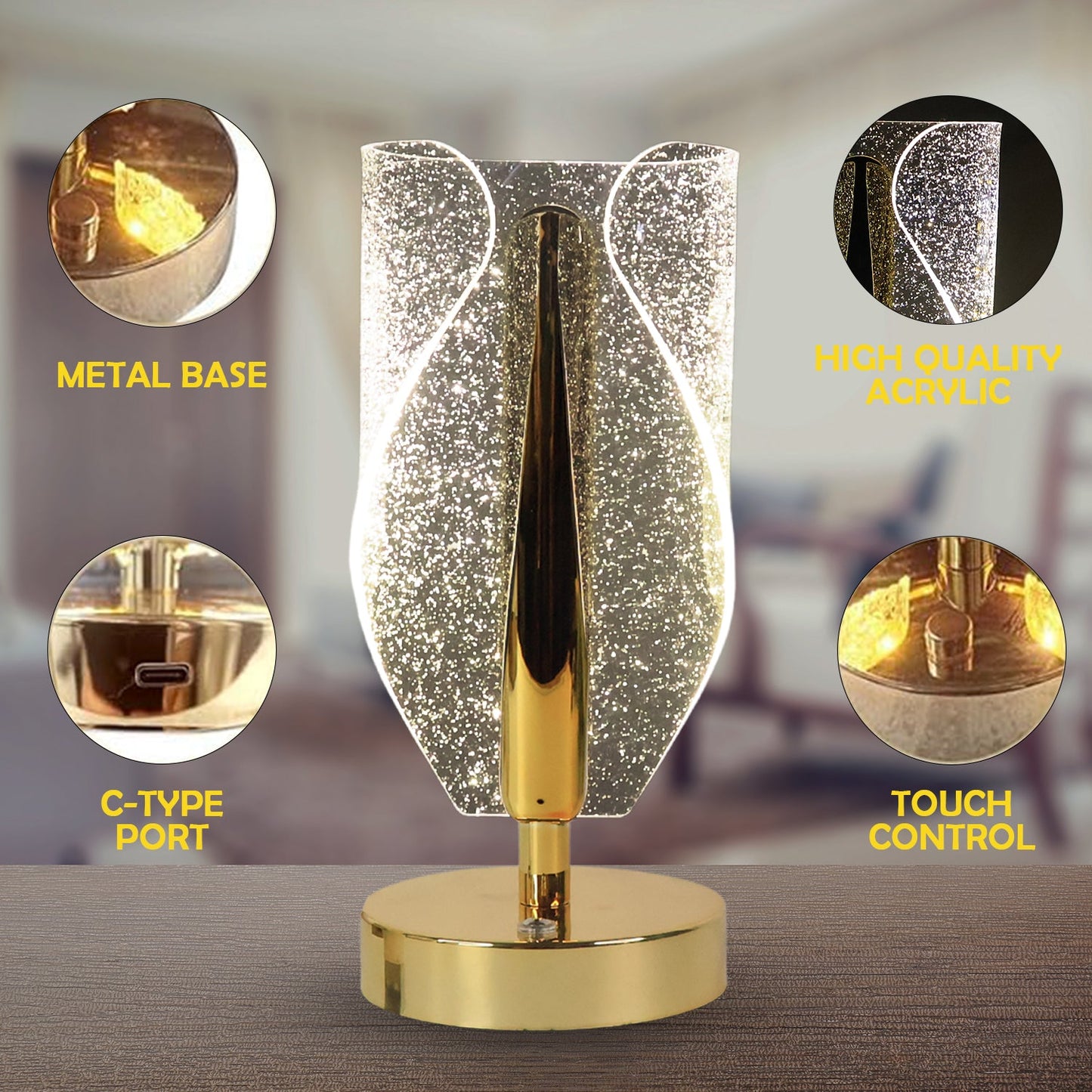 Luxury Crystal Table Lamp with USB Charging (1 Pc)